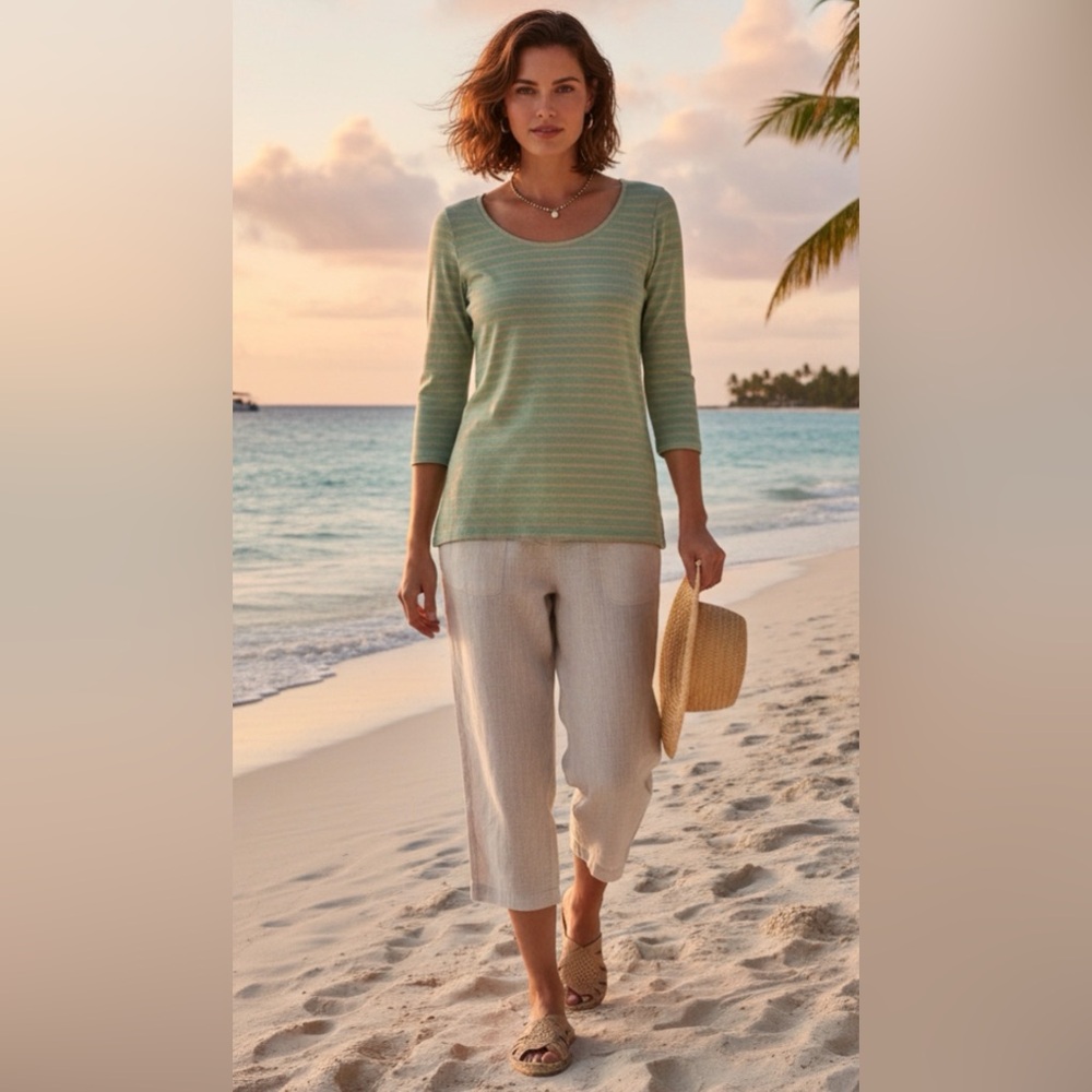 Tommy Bahama Green Taupe Striped Cotton Top 3/4 Sleeve Size M Casual Shirt